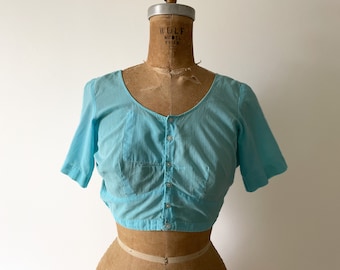 Soft cotton cropped blouse, vintage India top | pastel aquamarine blue button front crop top, boho top, festival, XS/S
