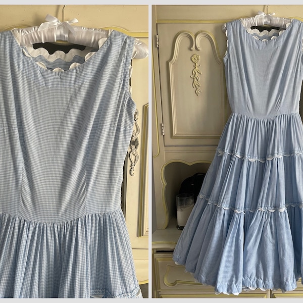 True vintage 1950’s ‘60s baby blue gingham patio dress | fit & flare, full skirt, Easter dress, S