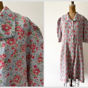 True vintage 1940s flour sack cotton house dress, puff shoulders Spring floral print dress, cottage core dress, pastel, M image 1