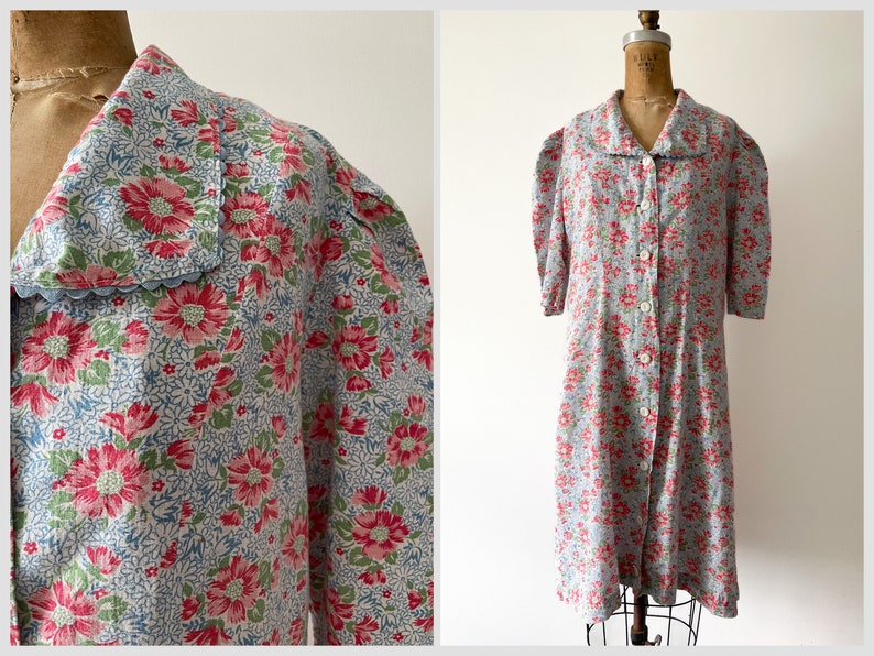 True vintage 1940s flour sack cotton house dress, puff shoulders Spring floral print dress, cottage core dress, pastel, M image 1