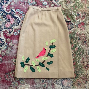 Vintage 1970s one of a kind wrap skirt with bird appliques Christmas skirt, winter holiday wool wrap skirt, red cardinal & holly, preppy image 1