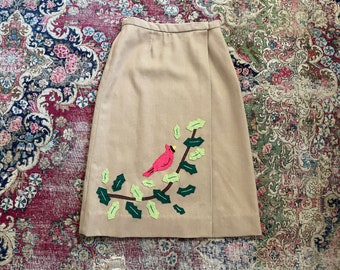 Vintage 1970s one of a kind wrap skirt with bird appliques | Christmas skirt, winter holiday wool wrap skirt, red cardinal & holly, preppy