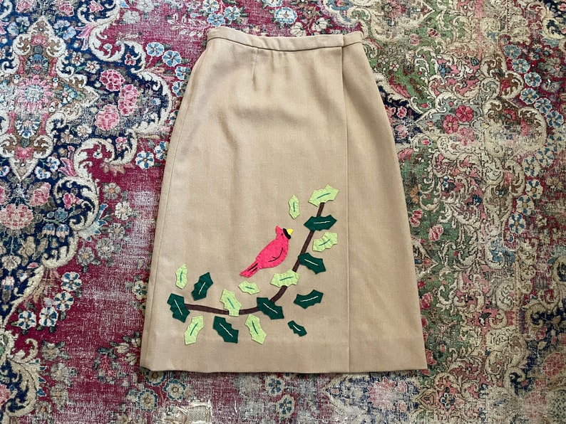 Vintage 1970s one of a kind wrap skirt with bird appliques Christmas skirt, winter holiday wool wrap skirt, red cardinal & holly, preppy image 1