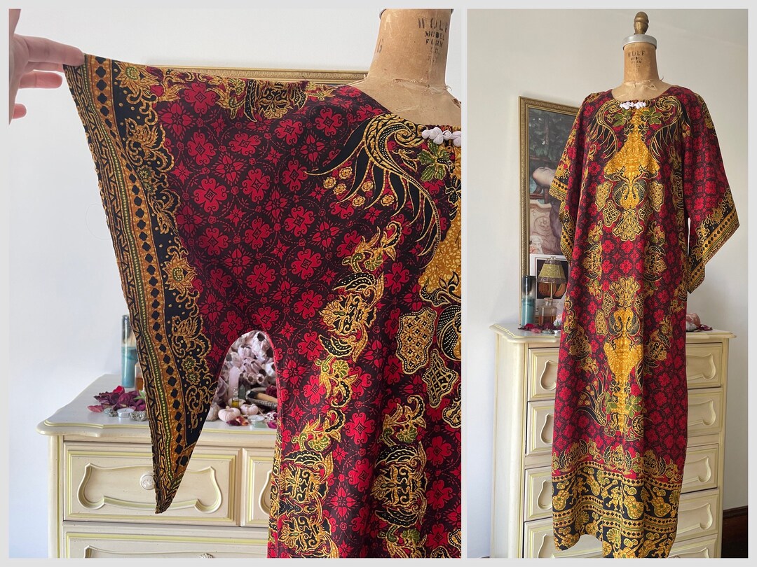 Vintage ‘70’s ‘80s Cotton Batik Kaftan | Angel Sleeve Caftan, Boho Maxi ...