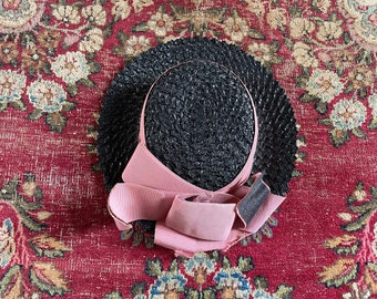 Antique black woven straw boater hat, dusty rose grosgrain ribbon | theater costume, Edwardian era girl’s hat, ladies tilt hat, topper