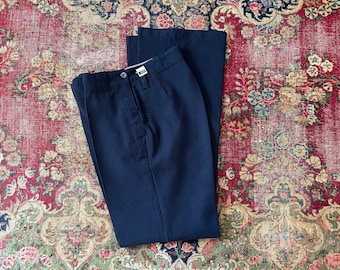 Vintage ‘70s navy blue wool sailor pants, button bib front, US Navy dress trousers, men’s S