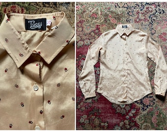 Vintage ‘70s -‘’80s Tucci diamond print silky blouse | secretary style button down blouse, pale marigold dress shirt, ladies S
