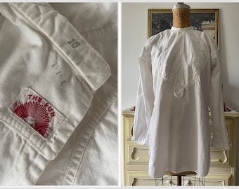 Antique Edwardian - 1920’s “The Sun” white cotton dress shirt | bib front smock top, gender neutral, men’s  M/L