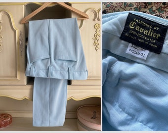 Vintage 1970’s Cavalier blue seersucker polyester pants | men’s 70s trousers, double knit polyester pants, @33W x 31L