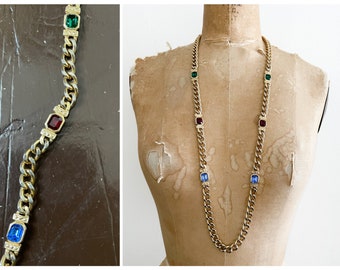 Vintage ‘80s long & heavy gold chain necklace with glass rhinestones | runway vibes, jewel tone necklace, eighties costume jewelry