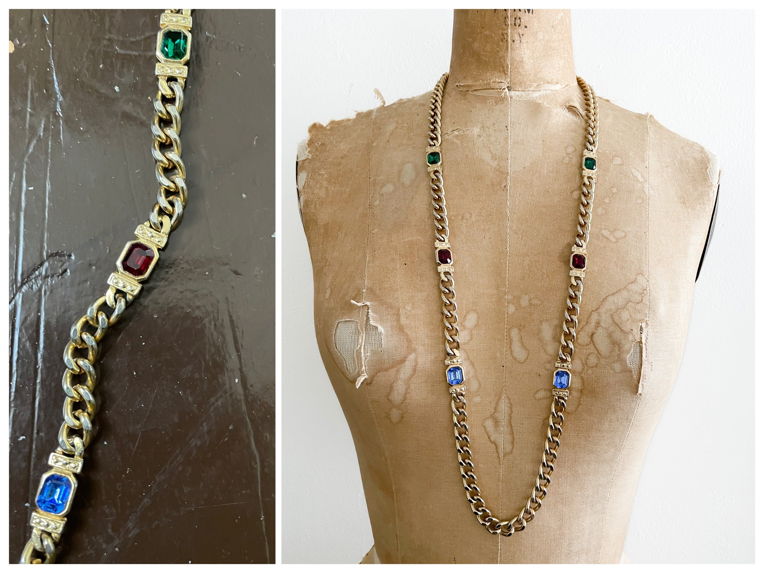 Vintage '80s Long & Heavy Gold Chain Necklace With Glass