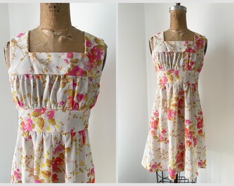 Vintage 1960’s ‘70s mod mini dress | Spring floral print sleeveless dress, neon pink, juniors XXS