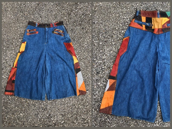 Vintage 1970’s denim culottes with leather patchwo