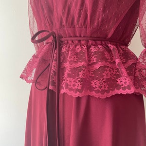 Vintage 1970s early 80s 2 piece dress set Victorian lace blouse & spaghetti strap disco dress, berry wine, XS image 4