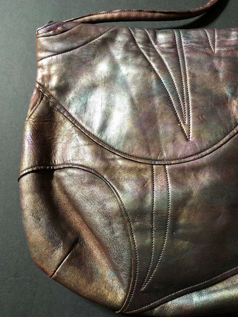 Vintage 1980s hand crafted artisan shoulder bag early 80s iridescent metallic leather purse with beaded tassels