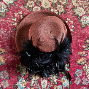 Antique early 20th century childrens hat, woven straw hat with black feather plume Edwardian era girls hat, ladies tilt hat, topper image 5