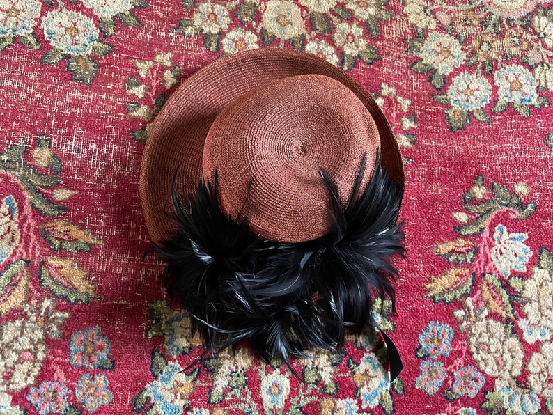 Antique early 20th century childrens hat, woven straw hat with black feather plume Edwardian era girls hat, ladies tilt hat, topper image 5