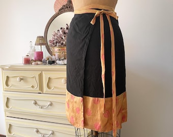 Vintage ‘90s rayon wrap skirt, shimmery gold & hot pink border, boho aesthetic, XS/S