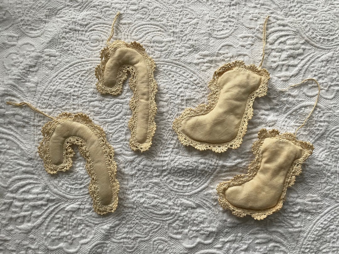 Set of 4 Cream Cotton & Eyelet Christmas Ornaments, Stockings and Candy