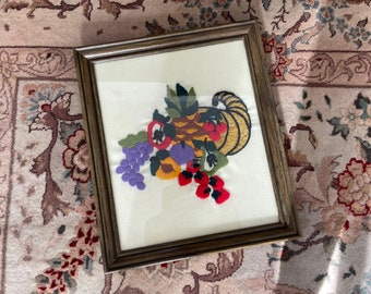 Vintage 70s cornucopia & fruit embroidered sampler | framed hand embroidery, colorful, Mandela effect gift