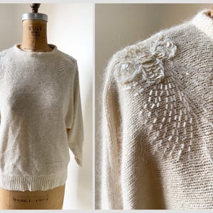 Vintage ‘80s ‘90s winter white angora & silk sweater | beaded ivory pullover embellished bugle beads, S/M