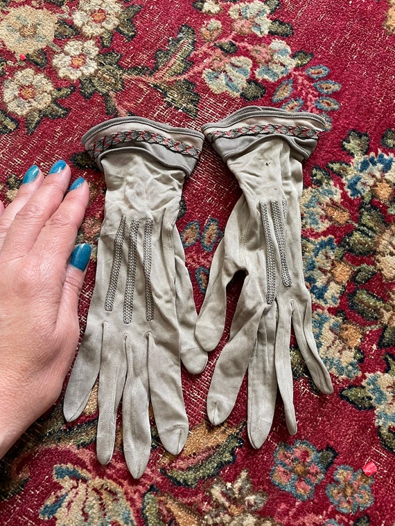 Authentic antique silk gloves gray & pink, Edwardi