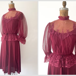 Vintage 1970s early 80s 2 piece dress set Victorian lace blouse & spaghetti strap disco dress, berry wine, XS image 1