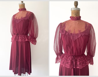 Vintage 1970’s - early ‘80s 2 piece dress set | Victorian lace blouse & spaghetti strap disco dress, raspberry pink, XS