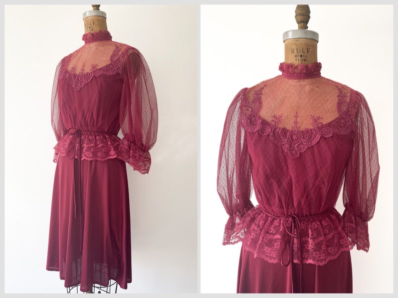 Vintage 1970s early 80s 2 piece dress set Victorian lace blouse & spaghetti strap disco dress, berry wine, XS image 1