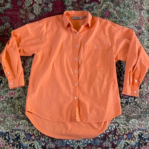 Vintage 80s neon orange button down shirt 90s aesthetic, all cotton shirt, boxy with longer back tail, Halloween image 1