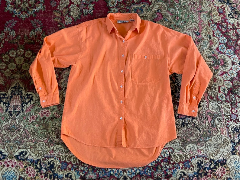 Vintage 80s neon orange button down shirt 90s aesthetic, all cotton shirt, boxy with longer back tail, Halloween image 1