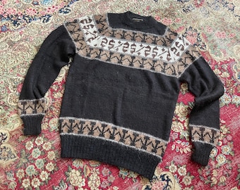 Vintage Alpaca wool fair isle sweater | chocolate brown alpaca crewneck sweater, hippie boho knit pullover, OS gender neutral