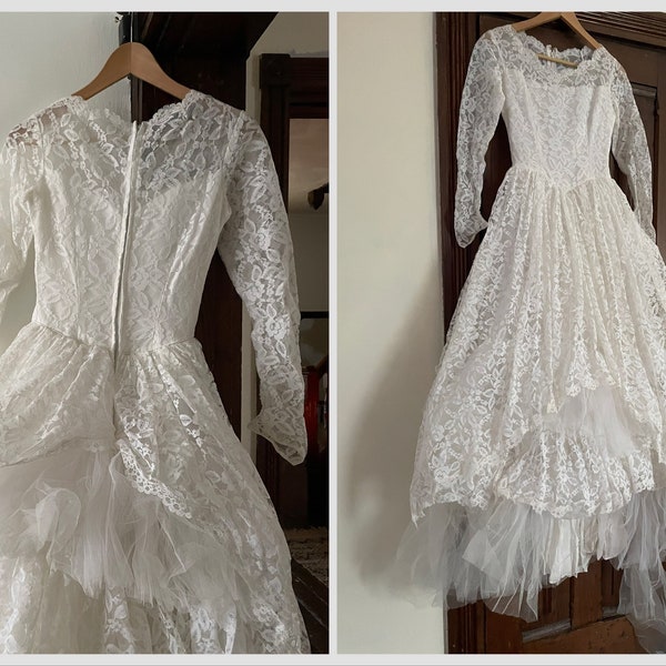 Authentic vintage 1950s lace wedding gown | fairy tale princess costume, needs repair to tulle ruffle, XS/S