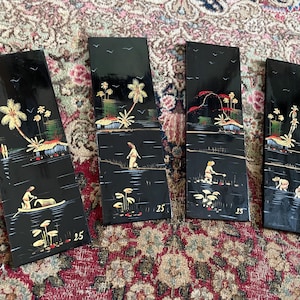 Antique Vintage 1925 Chinese hand painted lacquer panels | Oriental black lacquer wall hanging