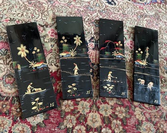 Antique Vintage 1925 Chinese hand painted lacquer panels | Oriental black lacquer wall hanging