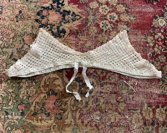 Antique crochet bodice from nightgown or slip | 1920’s cream crochet piece for repurpose, flapper era, pale mint green silk ribbon