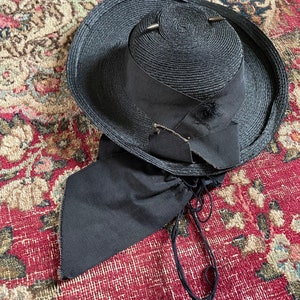 Antique early 20th century childrens hat, black woven straw hat with grosgrain ribbon Edwardian era girls hat, ladies tilt hat, topper image 7