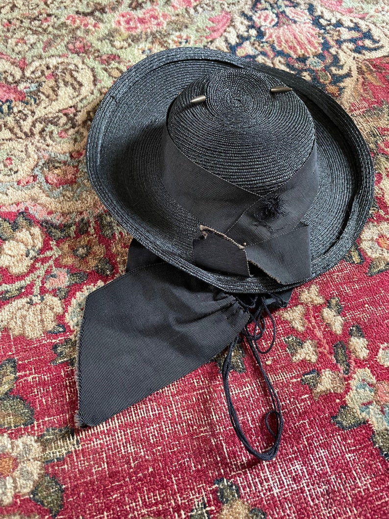 Antique early 20th century childrens hat, black woven straw hat with grosgrain ribbon Edwardian era girls hat, ladies tilt hat, topper image 7