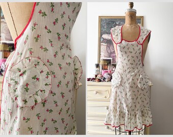 Darling vintage 1950’s rose print pinafore apron | ‘50s hostess apron, semi sheer cotton pinafore for dress, XS