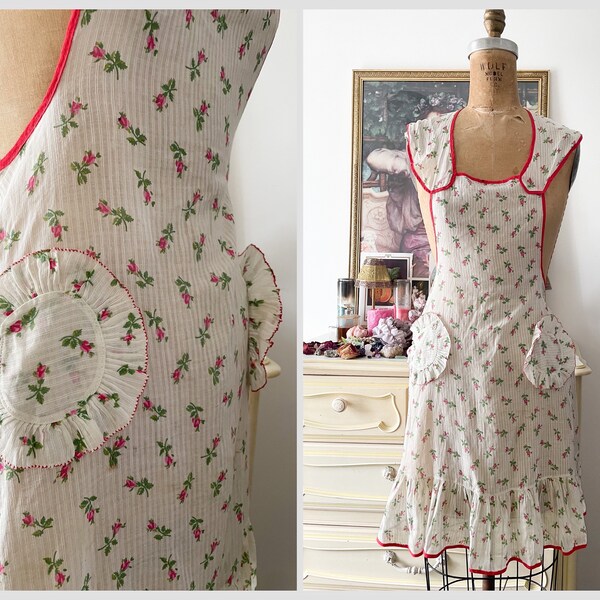 Darling vintage 1950’s rose print pinafore apron | ‘50s hostess apron, semi sheer cotton pinafore for dress, XS