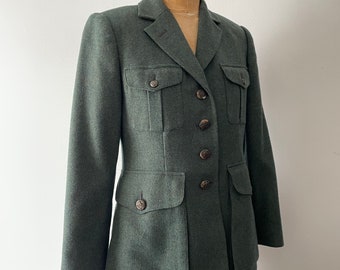 Vintage ‘90s Ralph Lauren equestrian inspired blazer | dusty green wool herringbone, horse head buttons, 4P petite