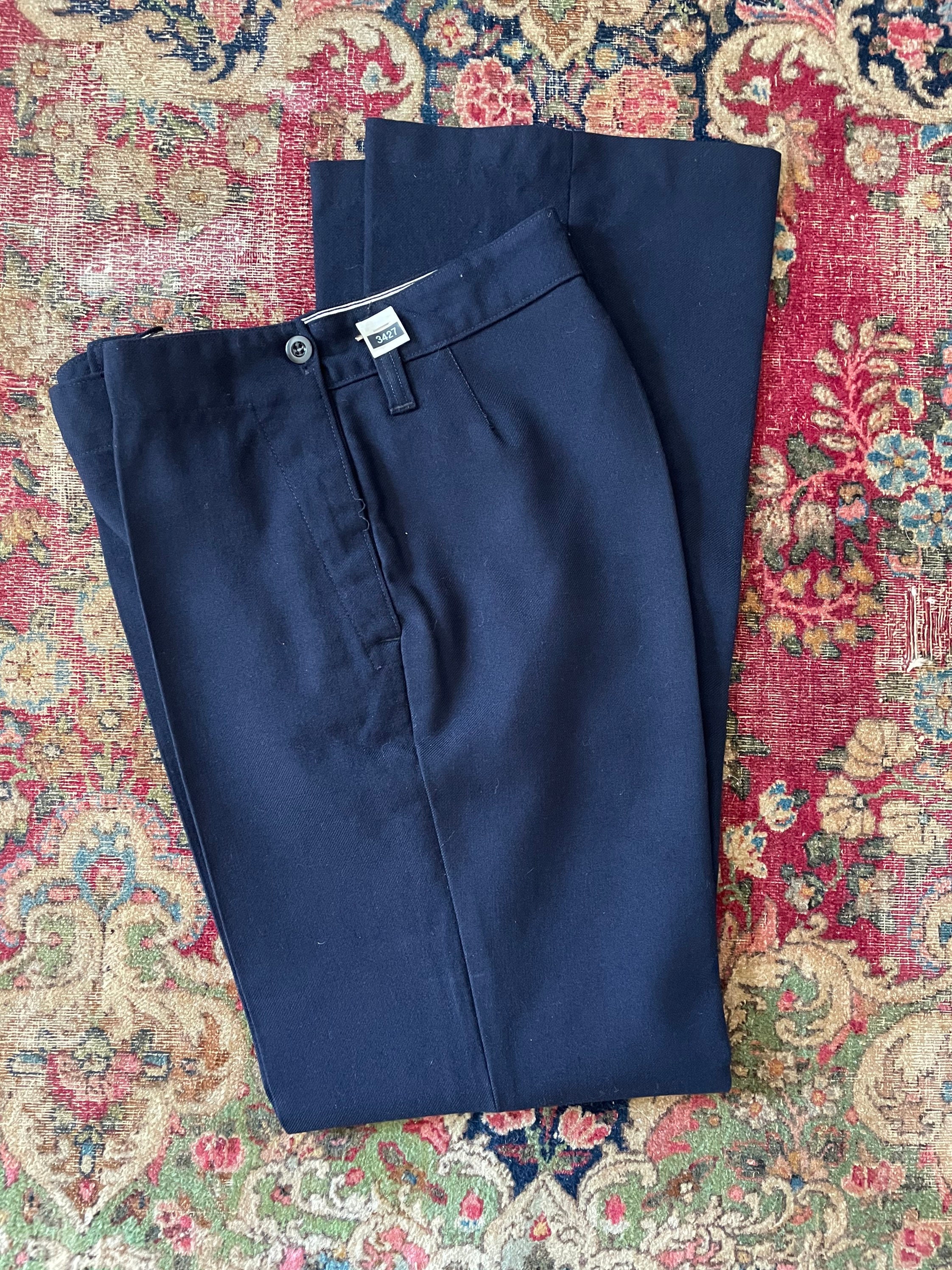 Vintage 70s Navy Blue Wool Sailor Pants, Button Bib Front, US Navy