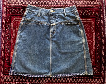 Vintage 1980s Marithe Francoise Girbaud stonewashed denim skirt | iconic 80s high waisted yoke skirt