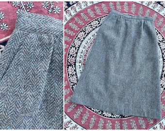 Vintage Academia aesthetic tweed skirt , dove gray herringbone wool skirt | ‘80s classic preppy midi skirt, M