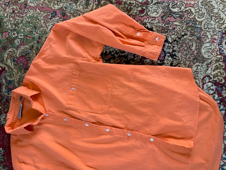 Vintage 80s neon orange button down shirt 90s aesthetic, all cotton shirt, boxy with longer back tail, Halloween image 9