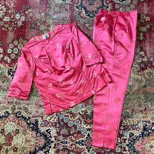 Vintage 1950s 60s Dynasty for Lord & Taylor silk brocade pant set rose pink Chinese brocade, cocktail top and cigarette pants, XS image 1