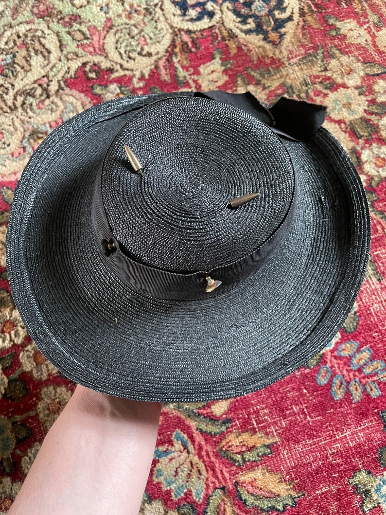 Antique early 20th century childrens hat, black woven straw hat with grosgrain ribbon Edwardian era girls hat, ladies tilt hat, topper image 2