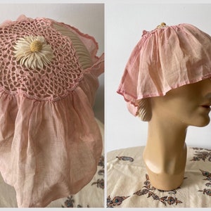 Antique 1920s 30s pale pink flower cap, flapper fairy core bride, pale pink handkerchief cotton, fairycore, cottagecore, one size adult image 1