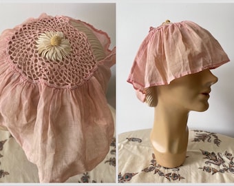 Antique 1920’s ‘30s pale pink flower cap, flapper | fairy core bride, pale pink handkerchief cotton, fairycore, cottagecore, one size adult
