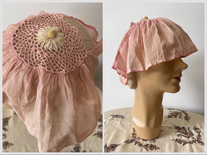 Antique 1920s 30s pale pink flower cap, flapper fairy core bride, pale pink handkerchief cotton, fairycore, cottagecore, one size adult image 1